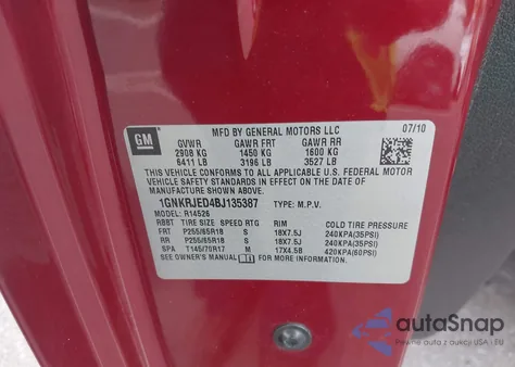 2011 Chevrolet Traverse 2Lt из США, поврежденный, VIN 1GNKRJED4BJ135387